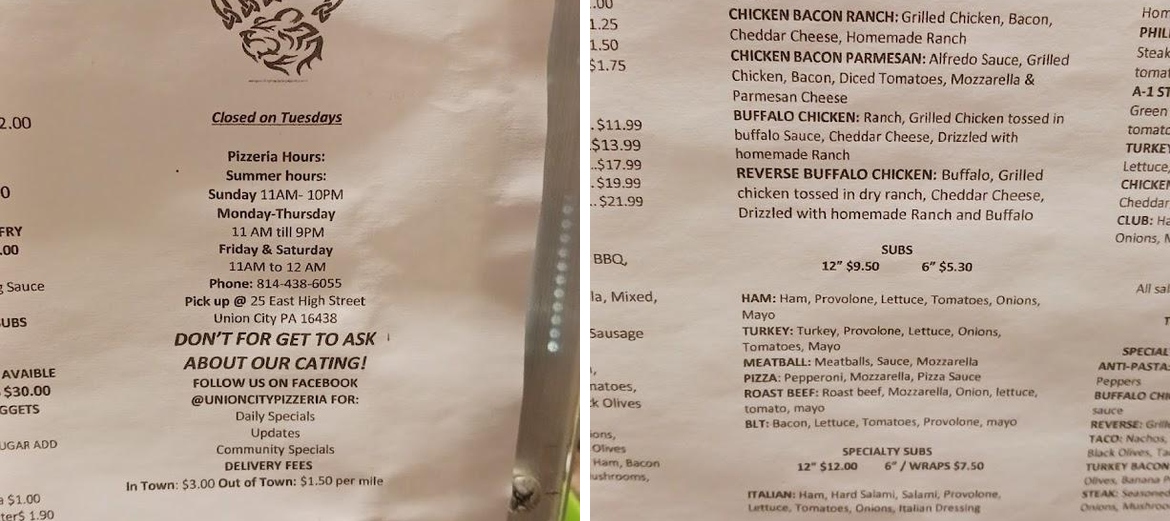 Union City Pizzeria Menu